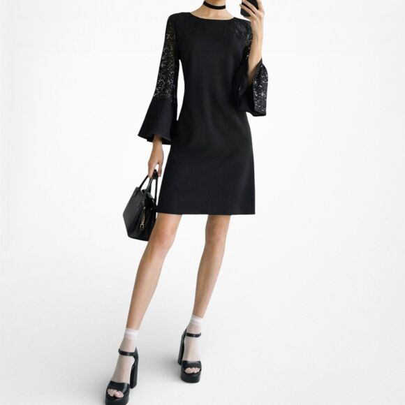 American Vintage Dresses & Skirts - Vintage Y2K Black Long Lace Bell Sleeves Knee Length Cocktail Shift Dress Size M